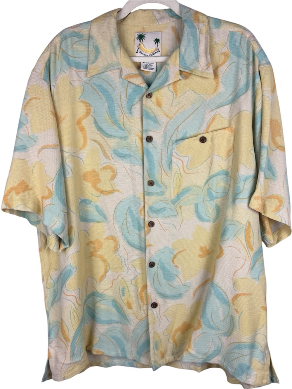 Banana Cabana Silk Hawaiian Shirt Men XL Yellow Blue Floral Tropical Camp